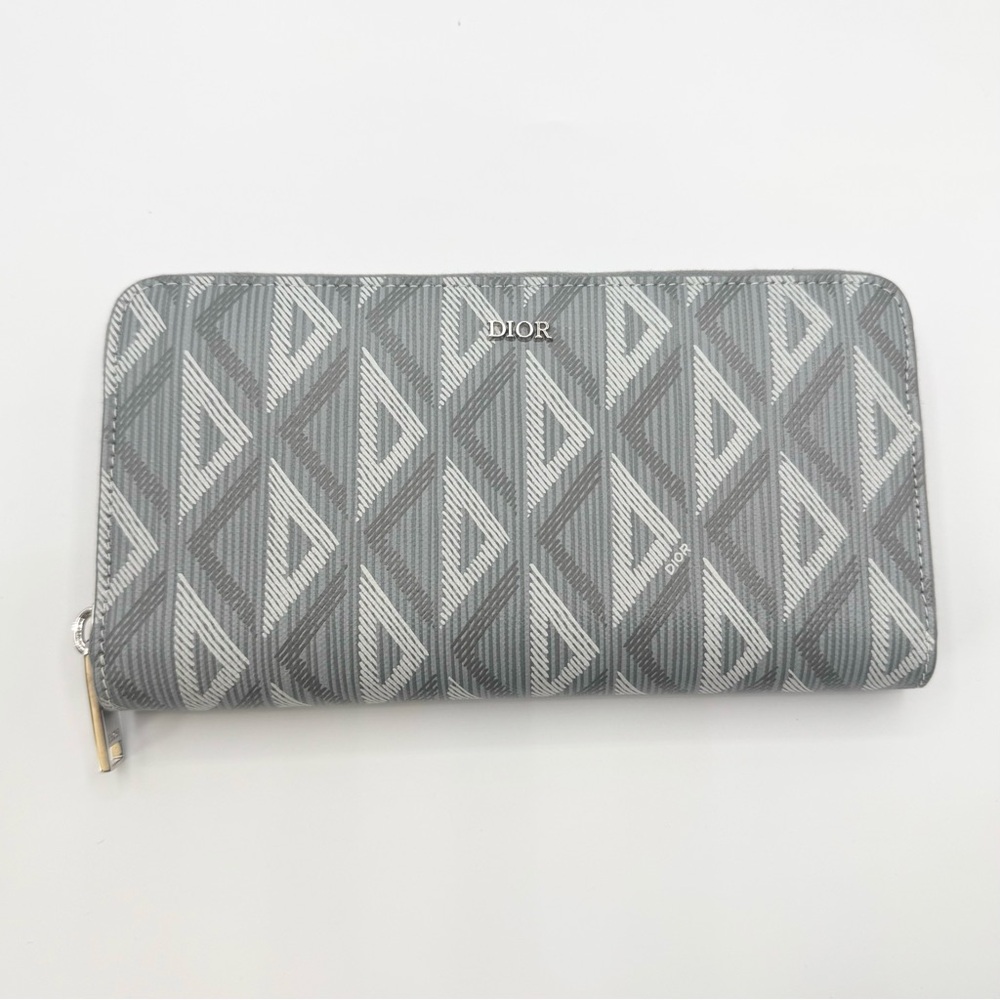 NEW Christian Dior CD Logo Diamond Grey Coated Canvas Long Zipped Wallet